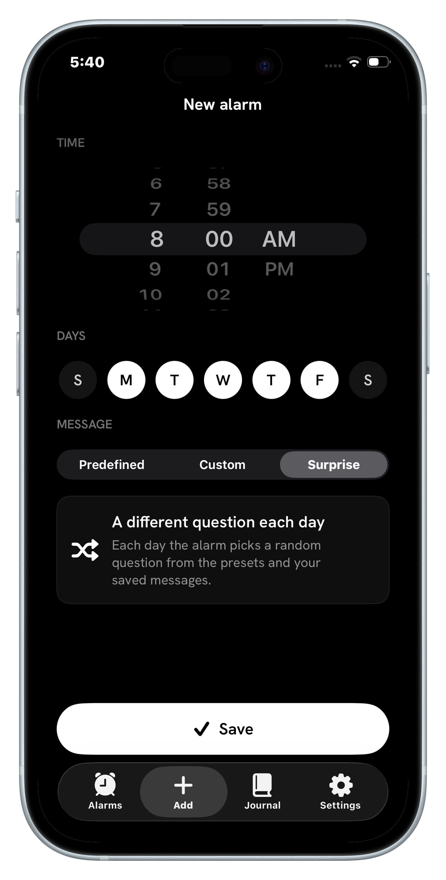 Surprise mode in Fix Your Life scheduling a different focus question every day
