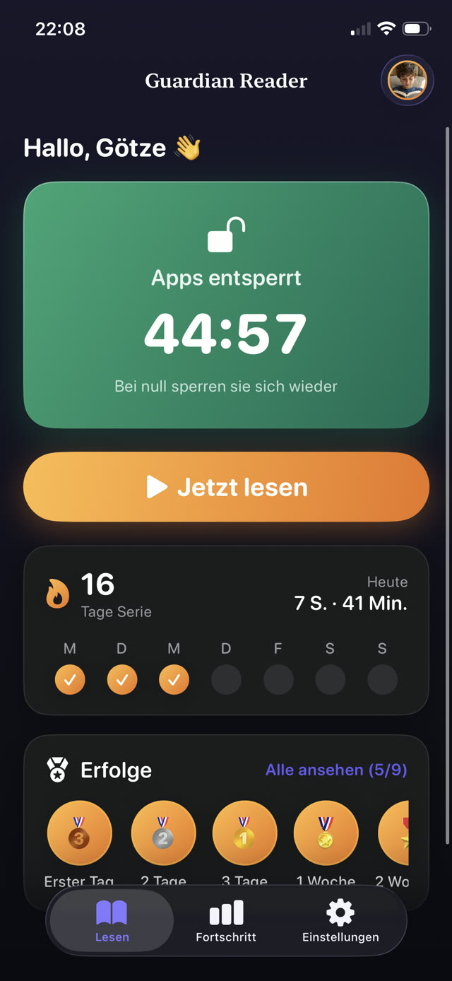 Guardian Reader mit entsperrten Apps und 44 Minuten und 59 Sekunden verdienter Bildschirmzeit im Countdown