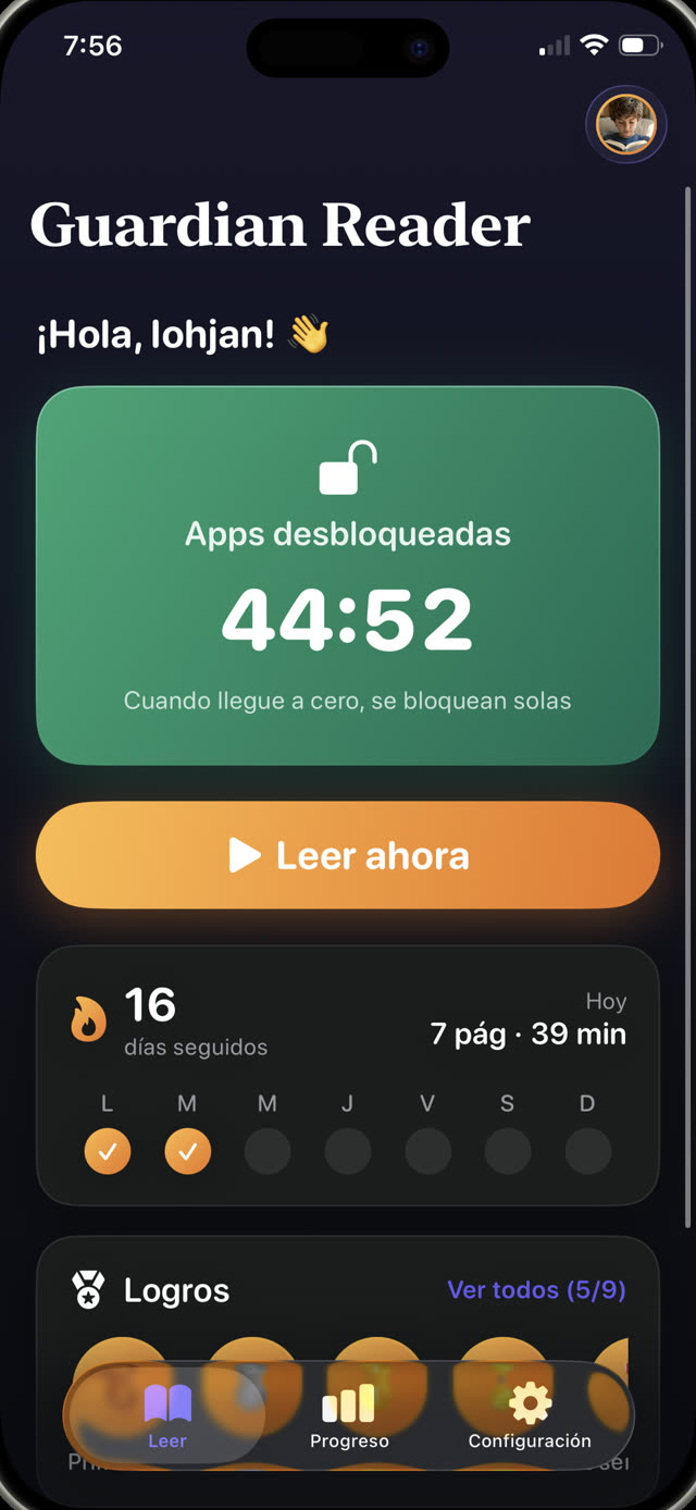 Guardian Reader con las apps desbloqueadas y 44 minutos y 59 segundos de pantalla ganada en cuenta regresiva
