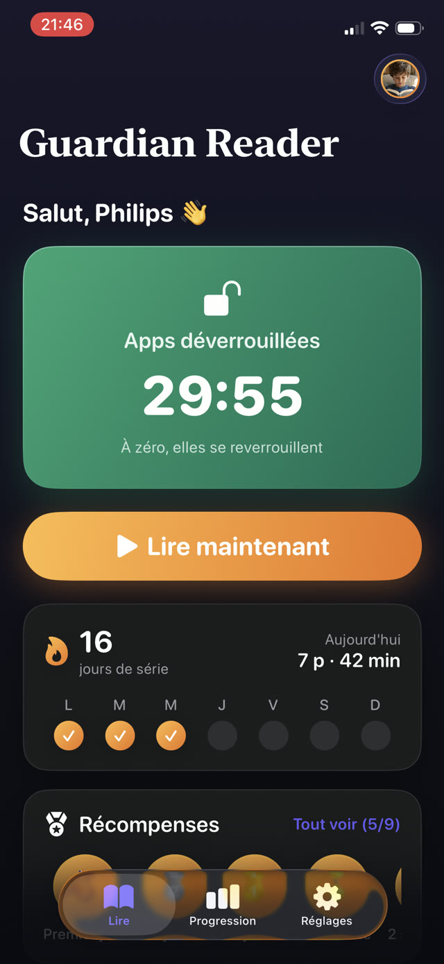 Guardian Reader avec les apps déverrouillées et 44 minutes et 59 secondes de temps d'écran gagné en compte à rebours