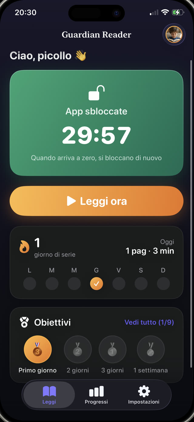 Guardian Reader con le app sbloccate e 44 minuti e 59 secondi di tempo di schermo guadagnato in conto alla rovescia