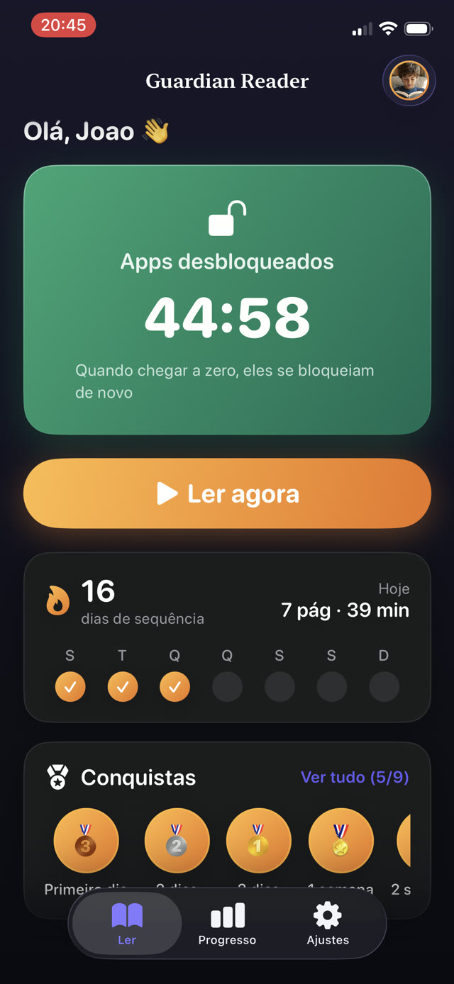 Guardian Reader com os apps desbloqueados e 44 minutos e 59 segundos de tela conquistada em contagem regressiva