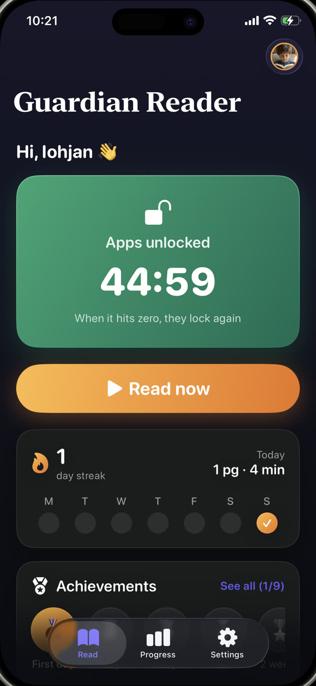 Guardian Reader showing apps unlocked with 44 minutes and 59 seconds of earned screen time counting down