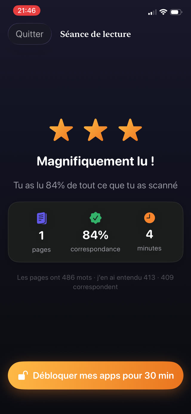 Récapitulatif de séance avec pages lues, pourcentage de correspondance et minutes, enregistré dans l'historique