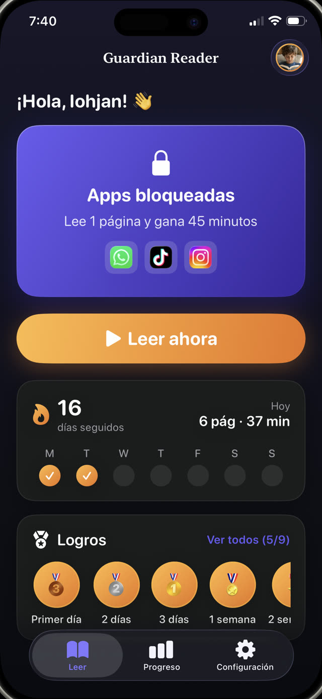 Pantalla principal de Guardian Reader en el iPhone con Instagram, TikTok y WhatsApp bloqueadas, una racha de lectura de 16 días y la meta que gana 45 minutos de pantalla