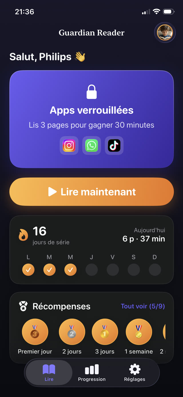 Écran d'accueil de Guardian Reader sur iPhone avec Instagram, TikTok et WhatsApp verrouillés, une série de lecture de 16 jours et l'objectif qui rapporte 45 minutes d'écran