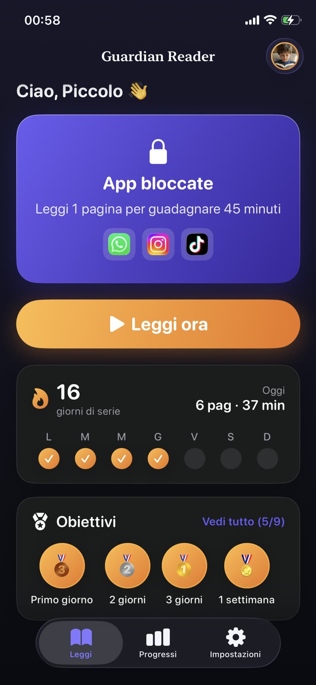 Schermata iniziale di Guardian Reader su iPhone con Instagram, TikTok e WhatsApp bloccati, una serie di lettura di 16 giorni e l'obiettivo che vale 45 minuti di schermo