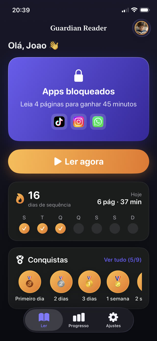 Tela inicial do Guardian Reader no iPhone com Instagram, TikTok e WhatsApp bloqueados, uma sequência de leitura de 16 dias e a meta que rende 45 minutos de tela