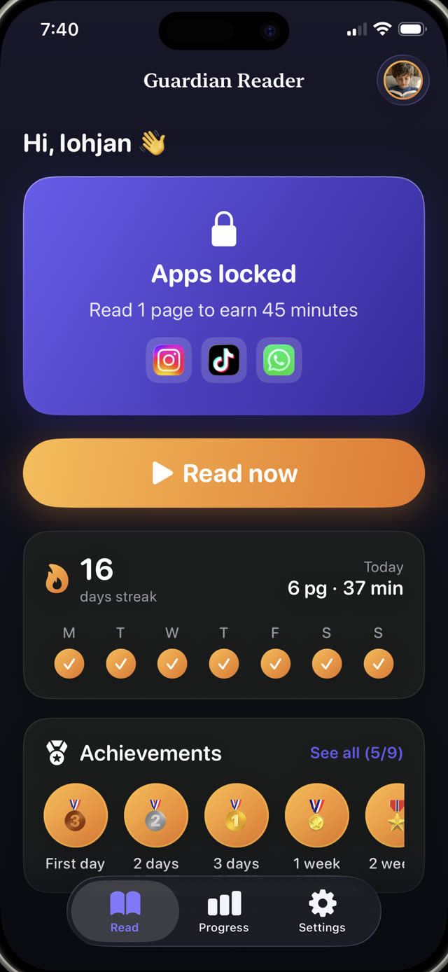 Guardian Reader home screen on iPhone showing Instagram, TikTok and WhatsApp locked, a 16 day reading streak and the goal that earns 45 minutes of screen time