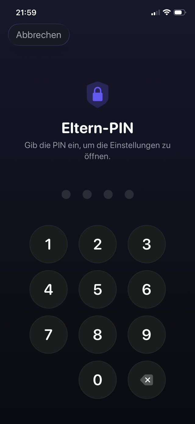 Eltern-PIN schützt die Einstellungen der App auf dem iPhone eines Kindes