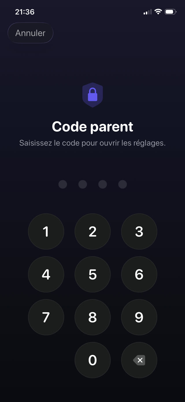 Écran de code parental protégeant les réglages de l'app sur l'iPhone d'un enfant