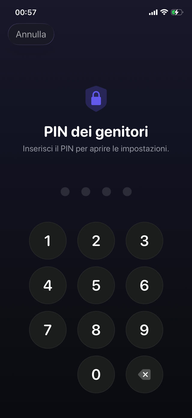 Schermata del PIN dei genitori che protegge le impostazioni dell'app sull'iPhone di un bambino