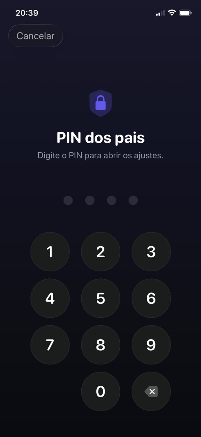 Tela de PIN dos pais protegendo os ajustes do app no iPhone de uma criança