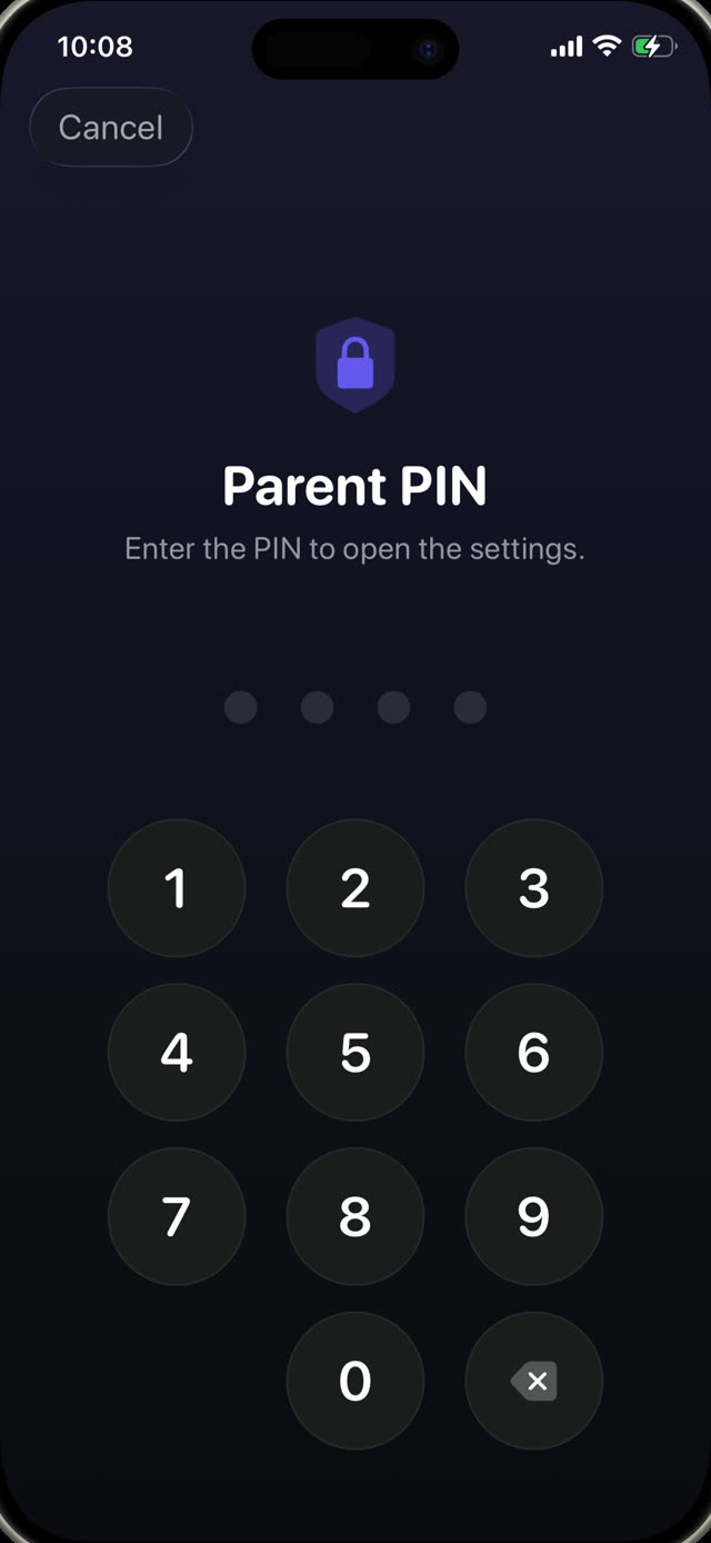 Parent PIN screen protecting the settings of the app on a child's iPhone