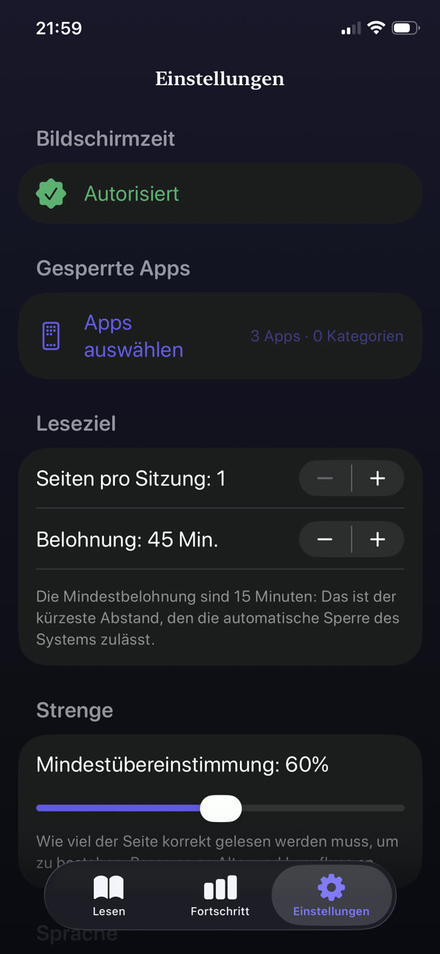 Einstellungen der Kindersicherung mit gesperrten Apps, Seiten pro Sitzung, Belohnungsminuten und Regler für die Strenge