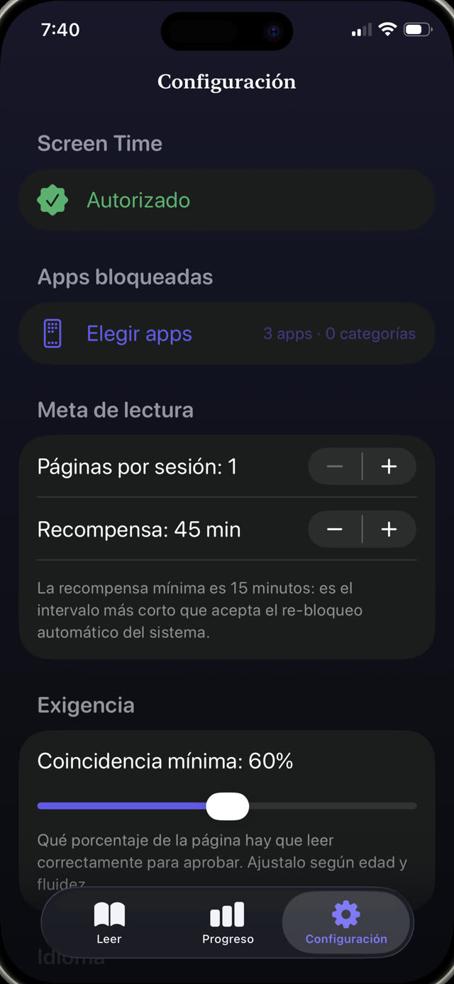 Ajustes de control parental con apps bloqueadas, páginas por sesión, minutos de premio y control de exigencia