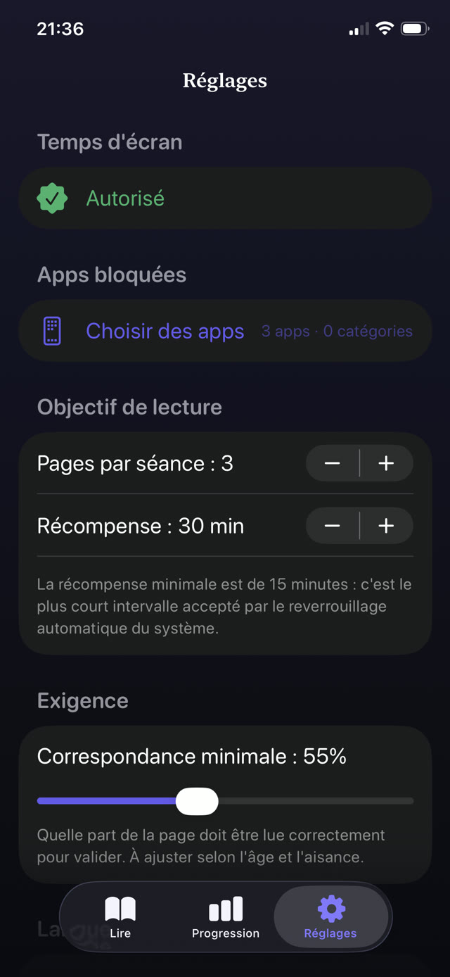 Réglages du contrôle parental avec apps verrouillées, pages par session, minutes de récompense et curseur d'exigence