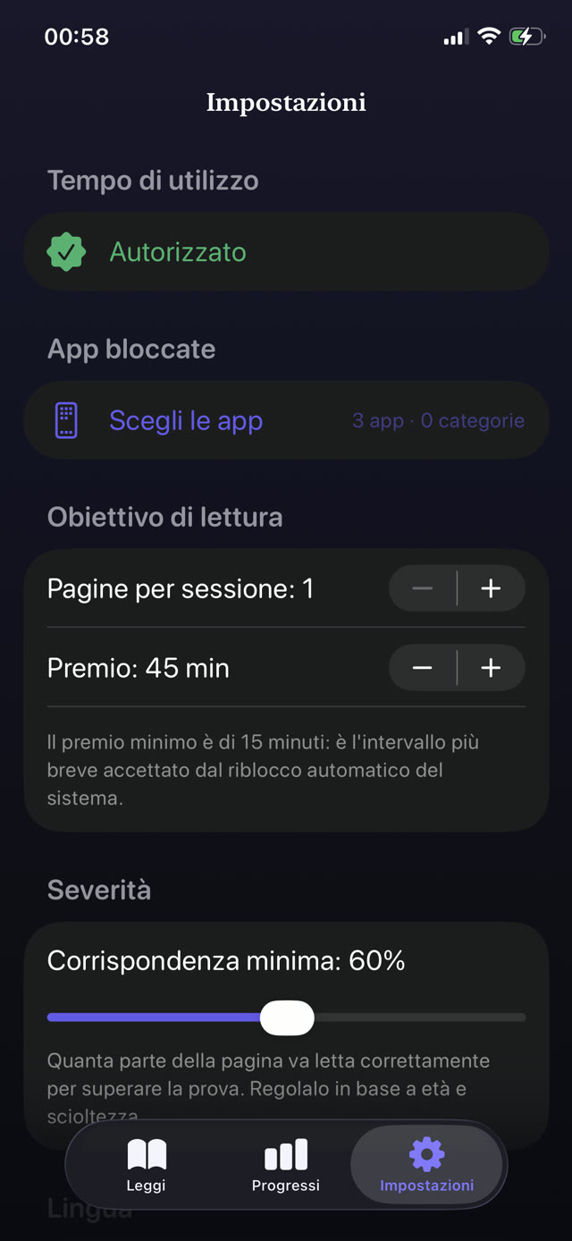 Impostazioni del controllo parentale con app bloccate, pagine per sessione, minuti di ricompensa e cursore di severità