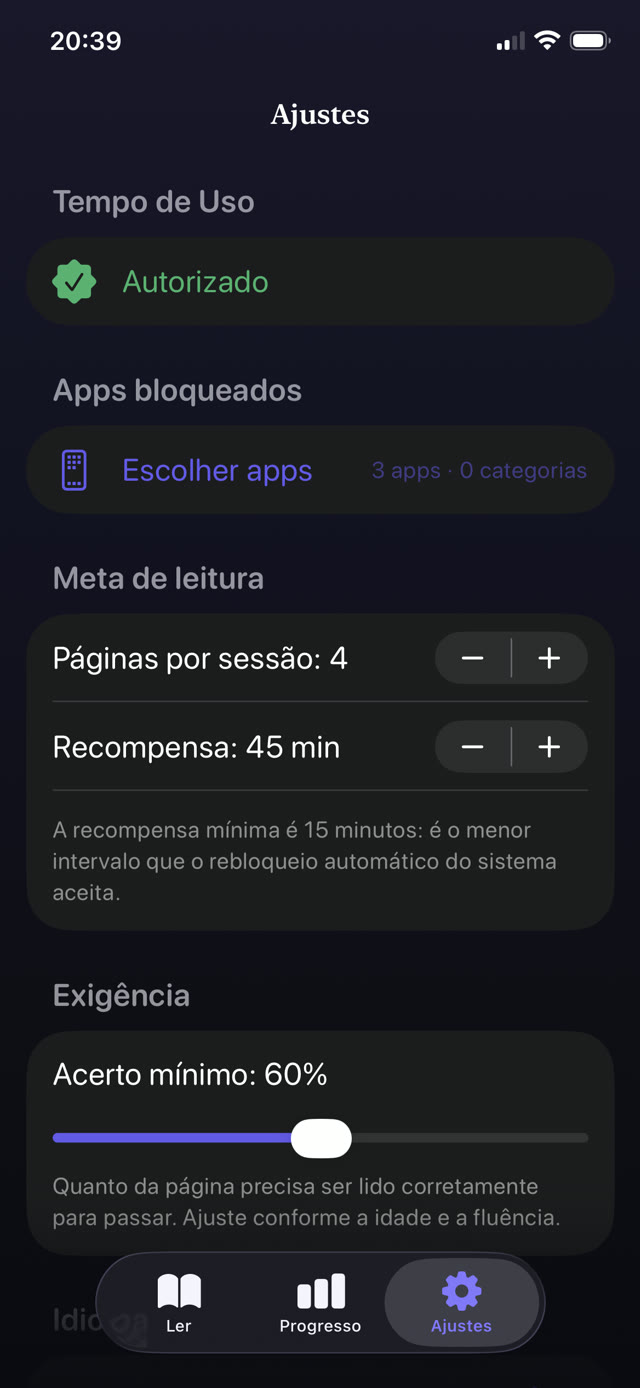 Ajustes de controle parental com apps bloqueados, páginas por sessão, minutos de recompensa e controle de rigor
