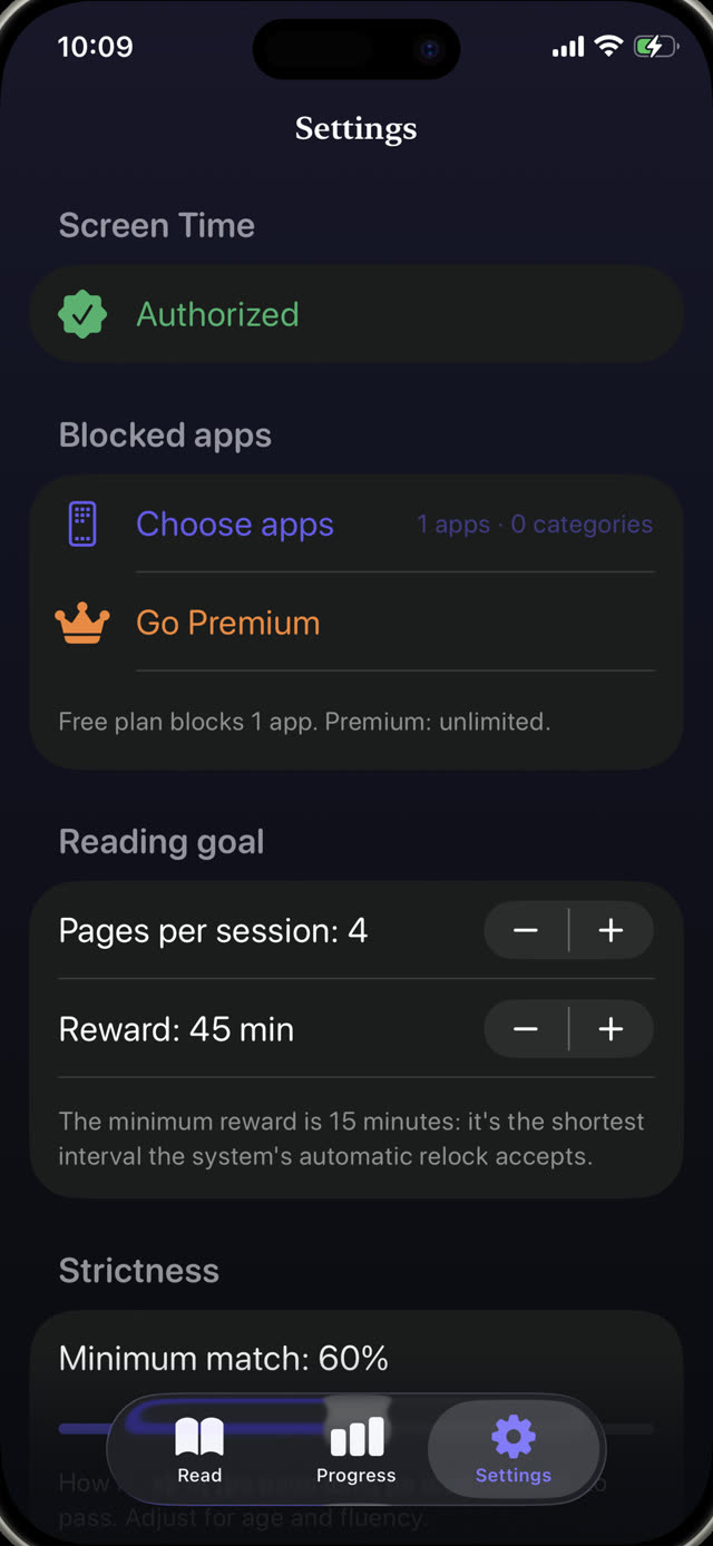 Parental control settings with blocked apps, pages per session, reward minutes and strictness slider