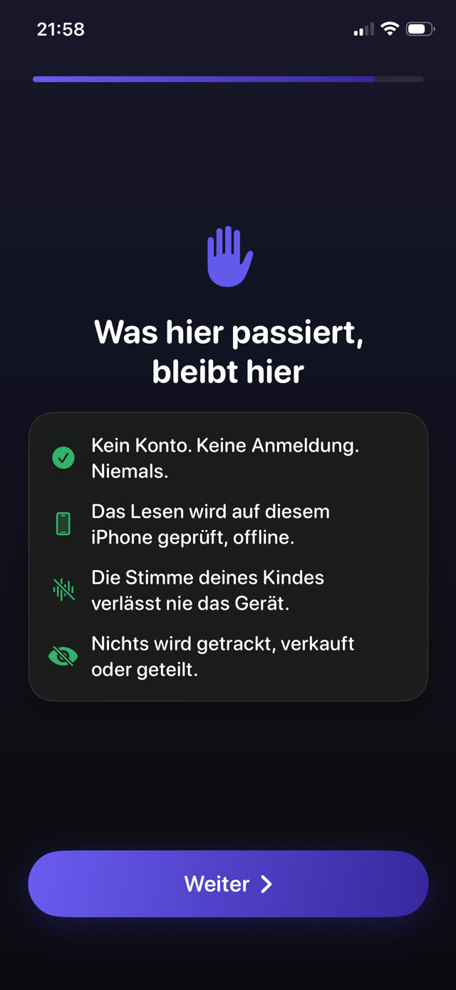 Datenschutz-Bildschirm von Guardian Reader: kein Konto, Lesen offline auf dem iPhone geprüft, nichts getrackt