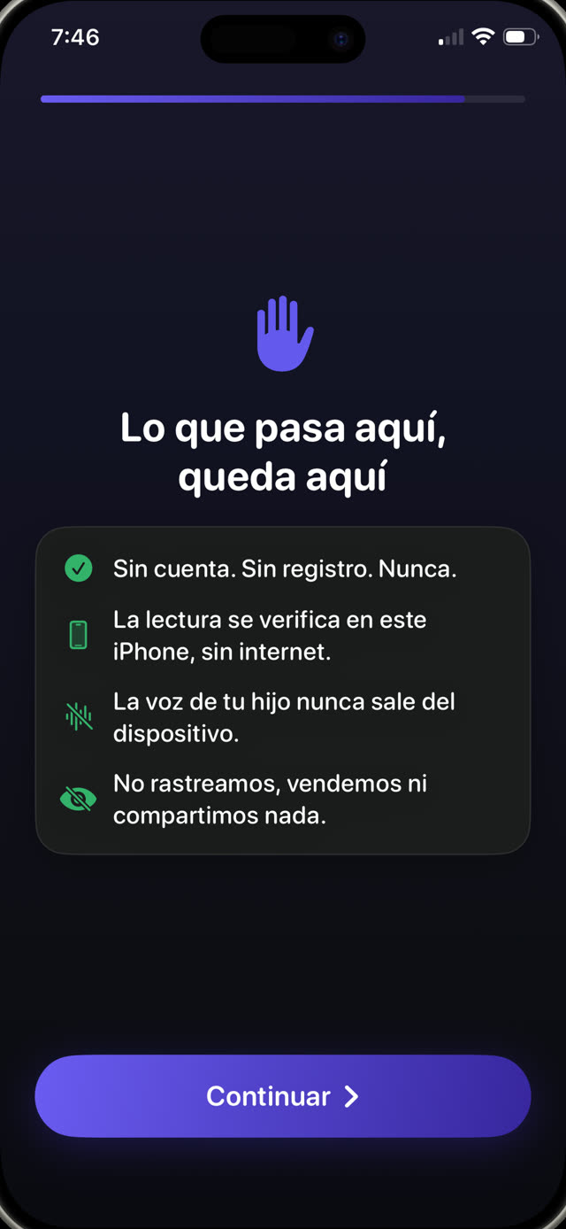 Pantalla de privacidad de Guardian Reader: sin cuenta, lectura verificada en el iPhone sin conexión, nada rastreado