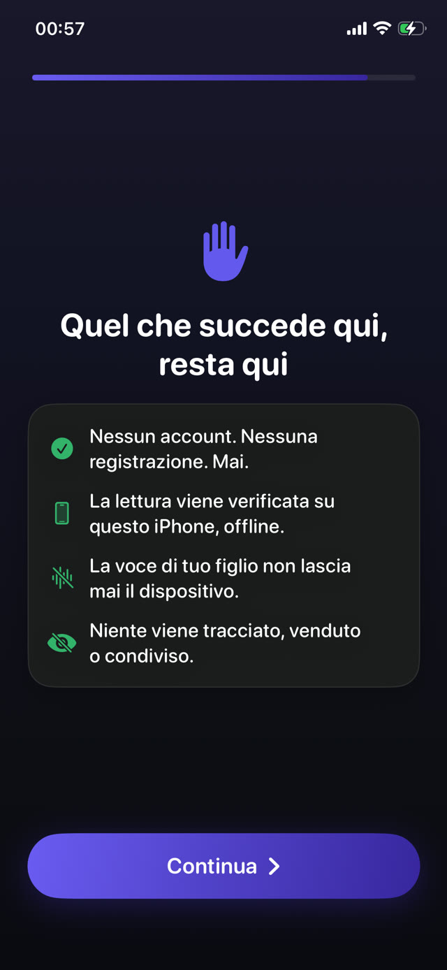 Schermata sulla privacy di Guardian Reader: nessun account, lettura verificata sull'iPhone offline, niente tracciato