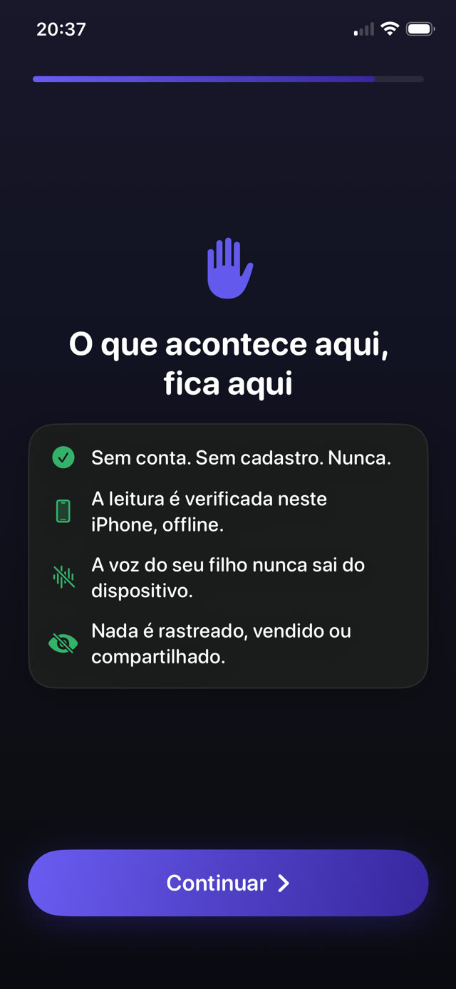 Tela de privacidade do Guardian Reader: sem conta, leitura verificada no iPhone off-line, nada rastreado