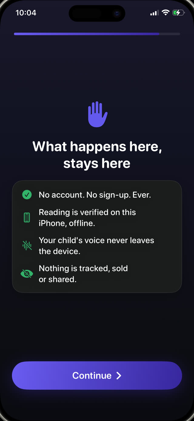Guardian Reader privacy screen: no account, reading verified on the iPhone offline, nothing tracked