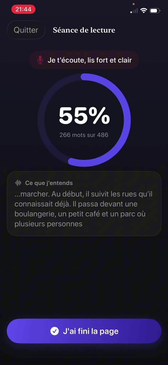 Pourcentage de correspondance en direct pendant qu'un enfant lit une page à voix haute pour travailler la fluidité