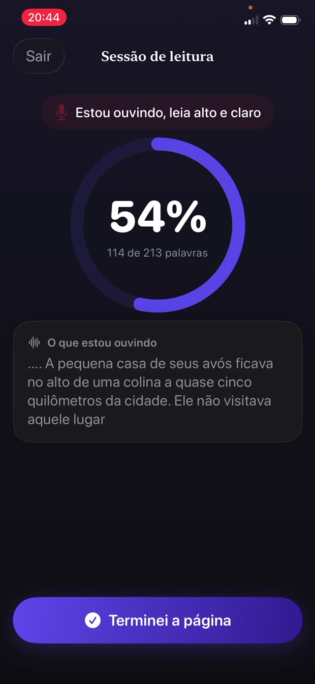 Porcentagem de correspondência ao vivo enquanto uma criança lê uma página em voz alta para praticar fluência