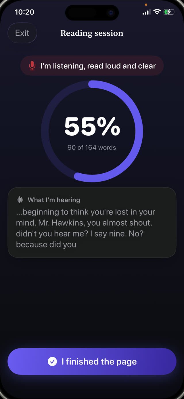Live match percentage while a child reads a page out loud for fluency practice