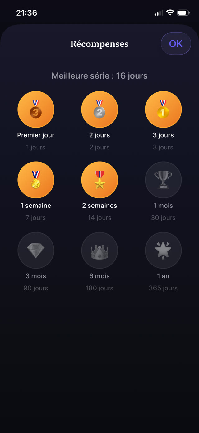 Médailles de série de lecture obtenues du premier jour à deux semaines, avec une meilleure série de 16 jours