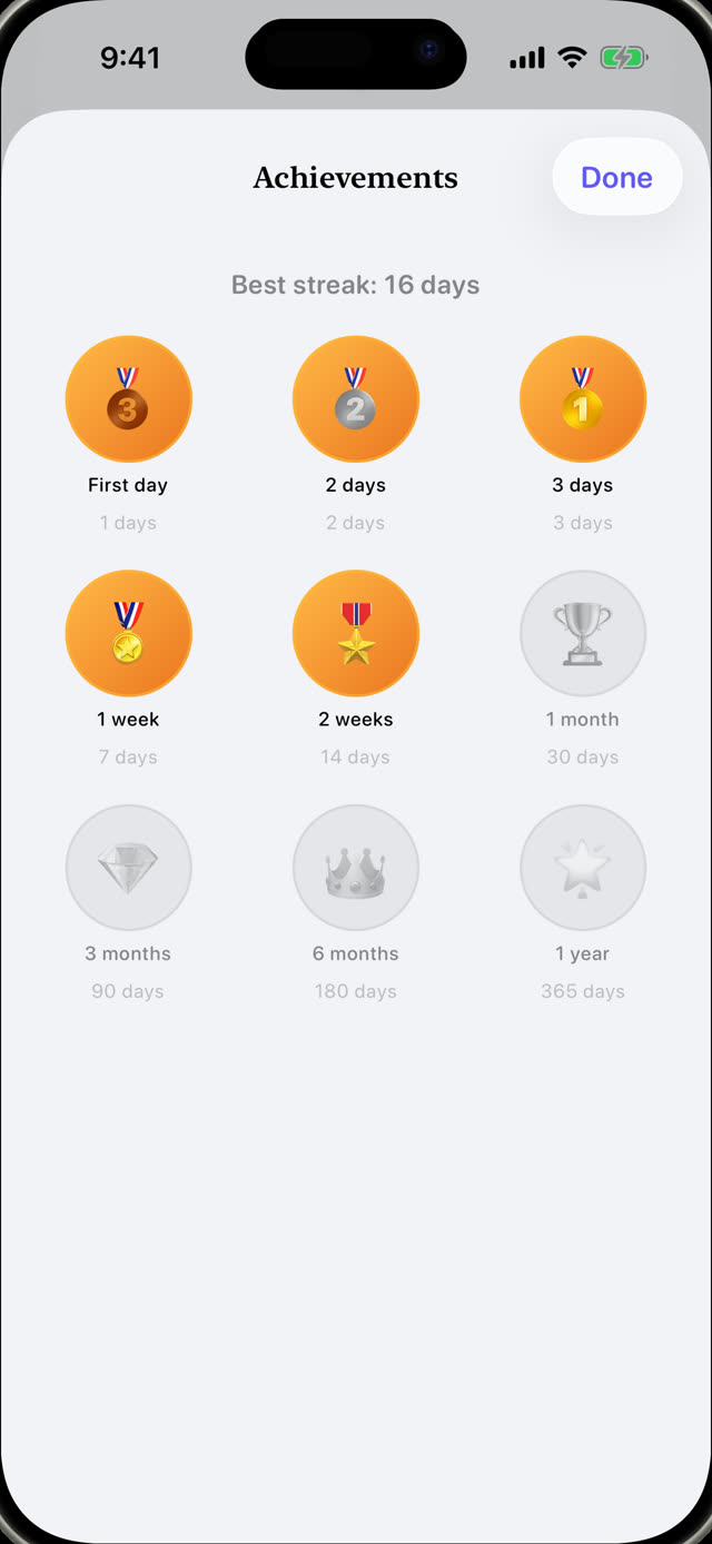 Reading streak medals earned from first day to two weeks, with a best streak of 16 days