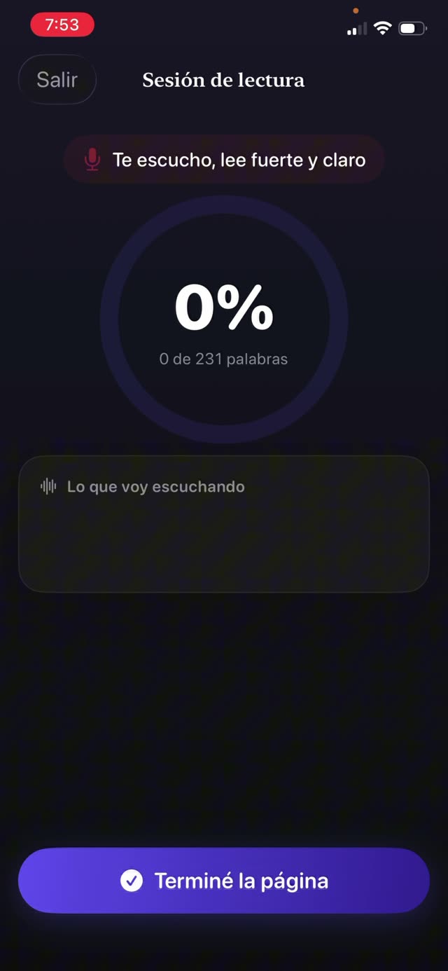 Guardian Reader escuchando con la coincidencia en 0 por ciento de 164 palabras, porque todavía no se leyó nada en voz alta de la página escaneada