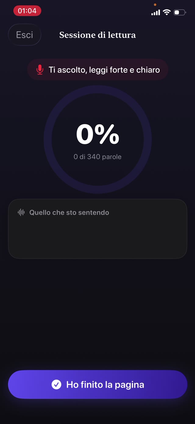 Guardian Reader in ascolto con la corrispondenza allo 0 per cento di 164 parole, perché della pagina scansionata non è ancora stato letto niente ad alta voce