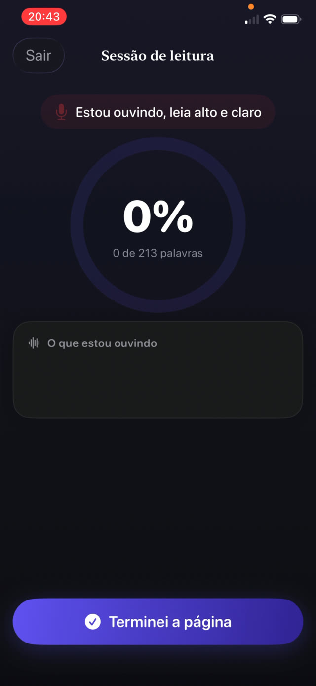 Guardian Reader ouvindo com a correspondência em 0 por cento de 164 palavras, porque ainda nada da página escaneada foi lido em voz alta