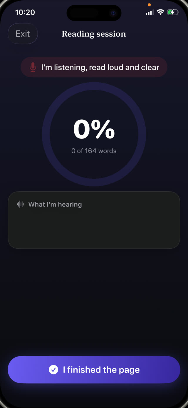 Guardian Reader listening with the match at 0 percent of 164 words, because nothing from the scanned page has been read aloud yet
