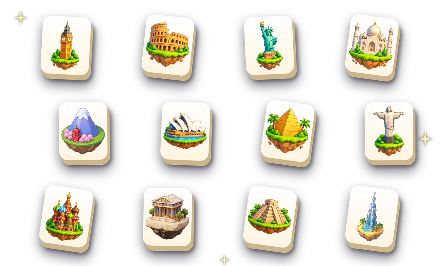 Twelve landmark tiles from a mahjong tile match style game, including the Eiffel Tower, the Colosseum and the Taj Mahal