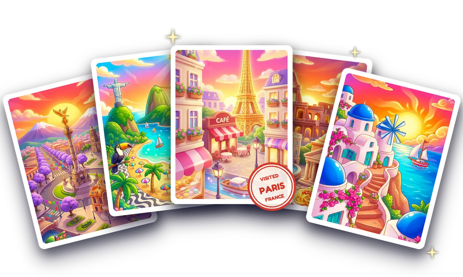 A fan of five city postcards collected in a relaxing puzzle game