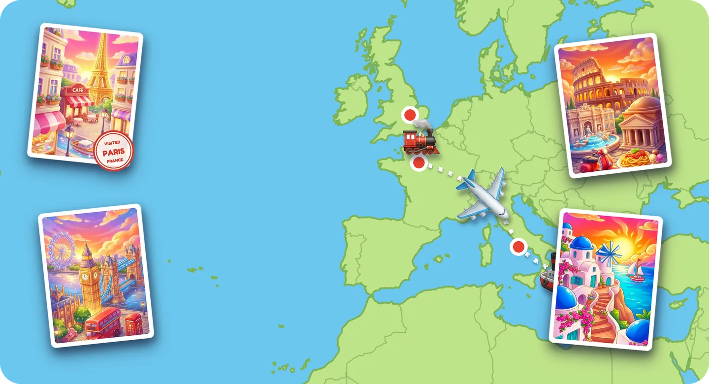 Travel puzzle game map with a trip route between cities and postcards from each stop