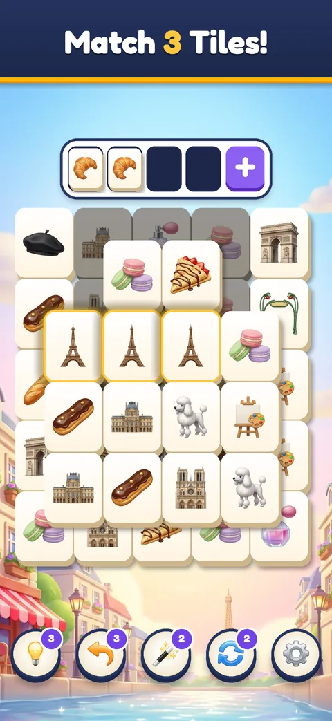 Mahjong tile match board in Trip Sort: layered Paris tiles with Eiffel Tower tiles in the tray