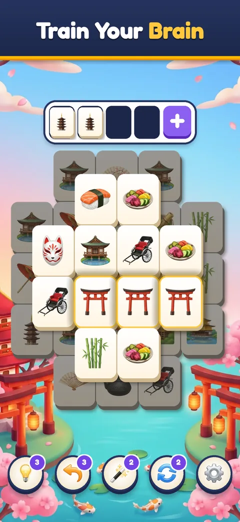 Layered tile match board in Kyoto with torii gate and sushi tiles
