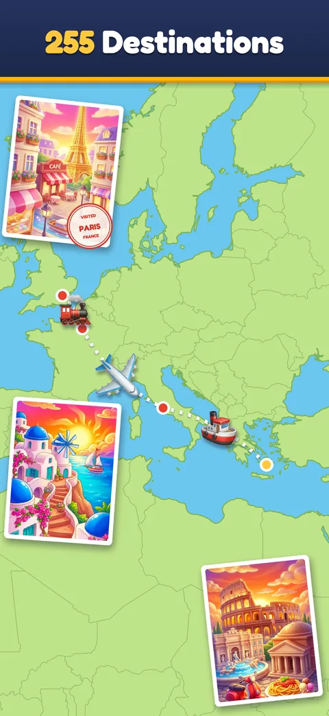 255 destinations: a map of Europe with a travel route from London to Paris, Rome and Santorini