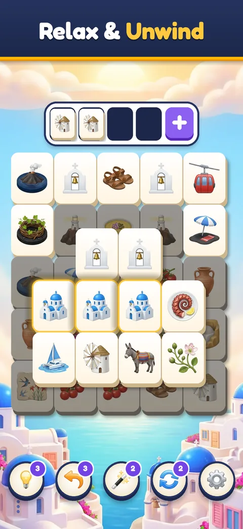 Relaxing puzzle game: a calm Santorini tile board in Trip Sort