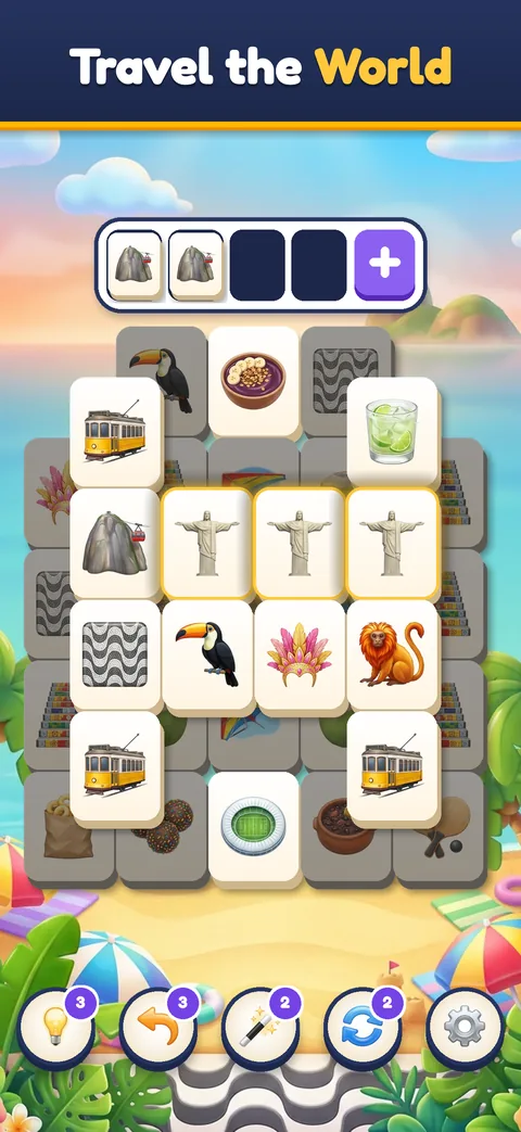 Trip Sort travel puzzle game board in Rio de Janeiro with Christ the Redeemer and toucan tiles