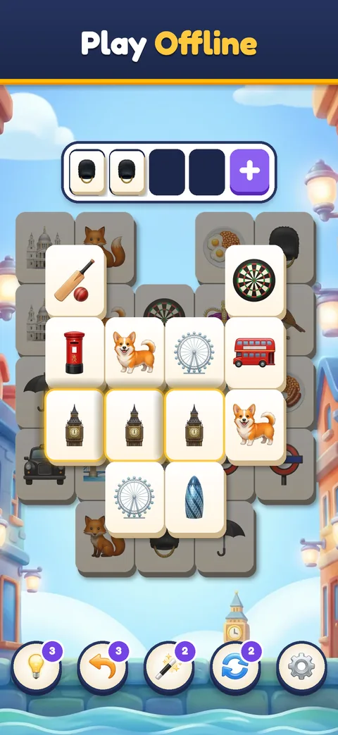 Offline puzzle game board in London with Big Ben and double-decker bus tiles