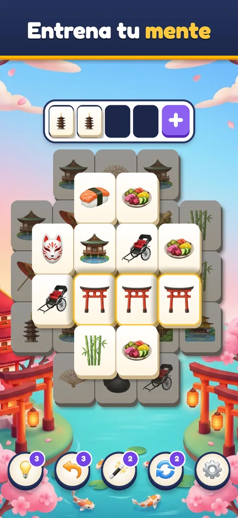 Layered tile match board in Kyoto with torii gate and sushi tiles
