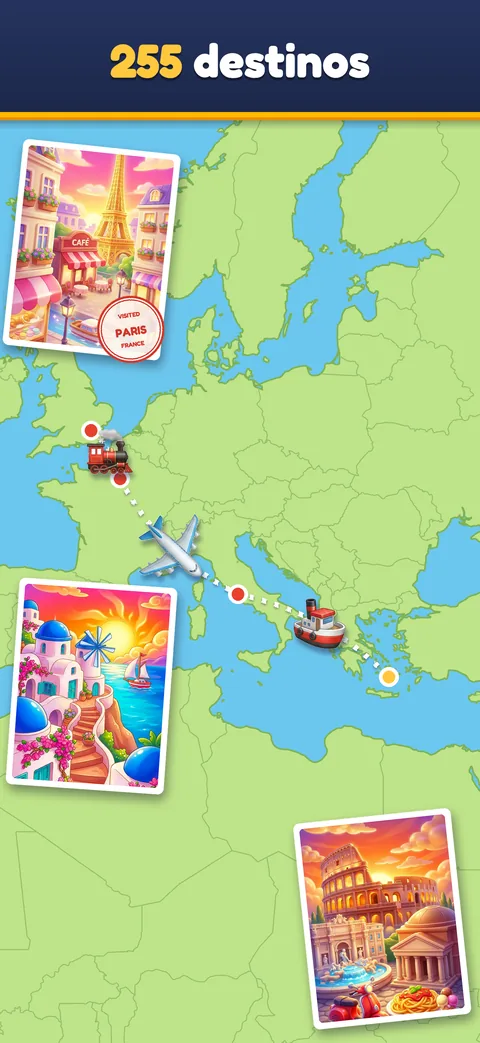 255 destinos: mapa de Europa con la ruta de Londres a París, Roma y Santorini