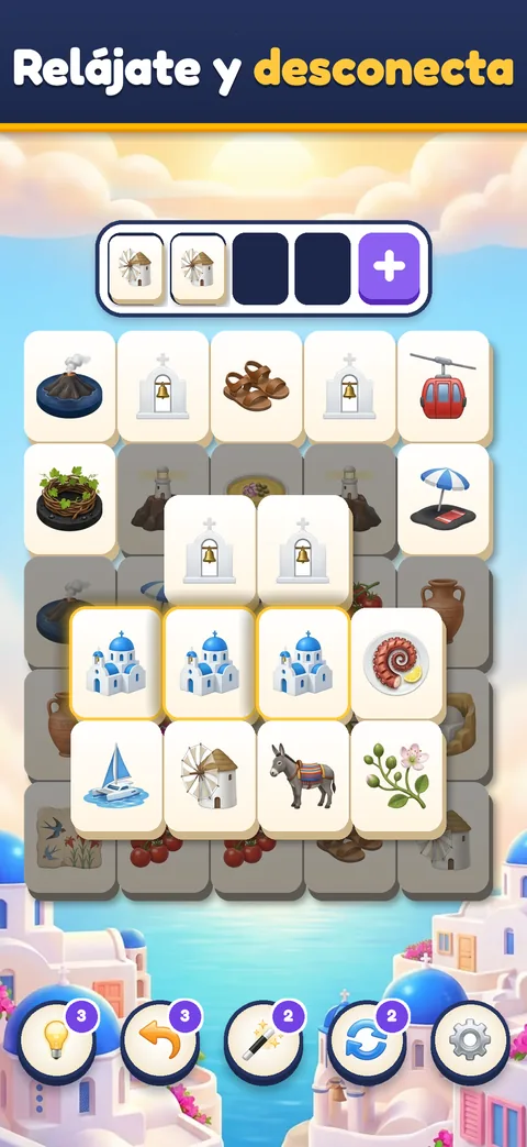 Relaxing puzzle game: a calm Santorini tile board in Trip Sort, in Spanish
